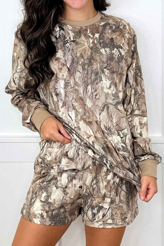 Khaki Camo Print Contrast Trim Long Sleeve Pullover Shorts Set Khaki 95%Polyester+5%Elastane 81319eac7bc49f3f