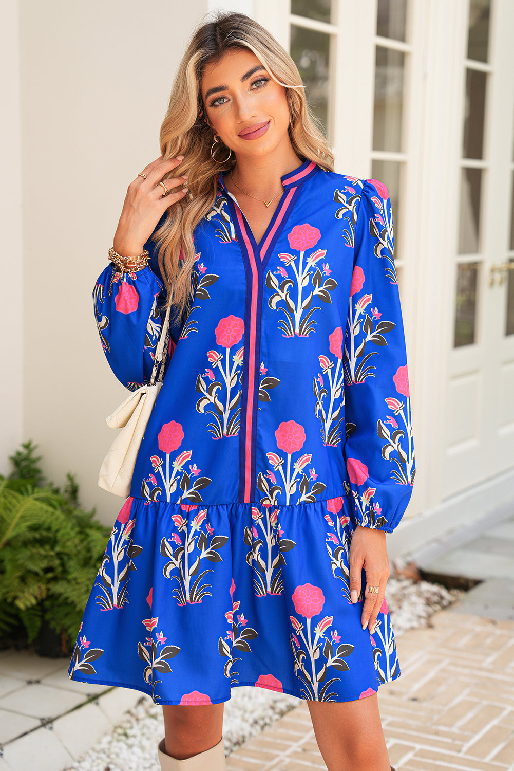 Sky Blue Floral Print Pop of Color V Neck Mini Dress 8138d4b661ae959d