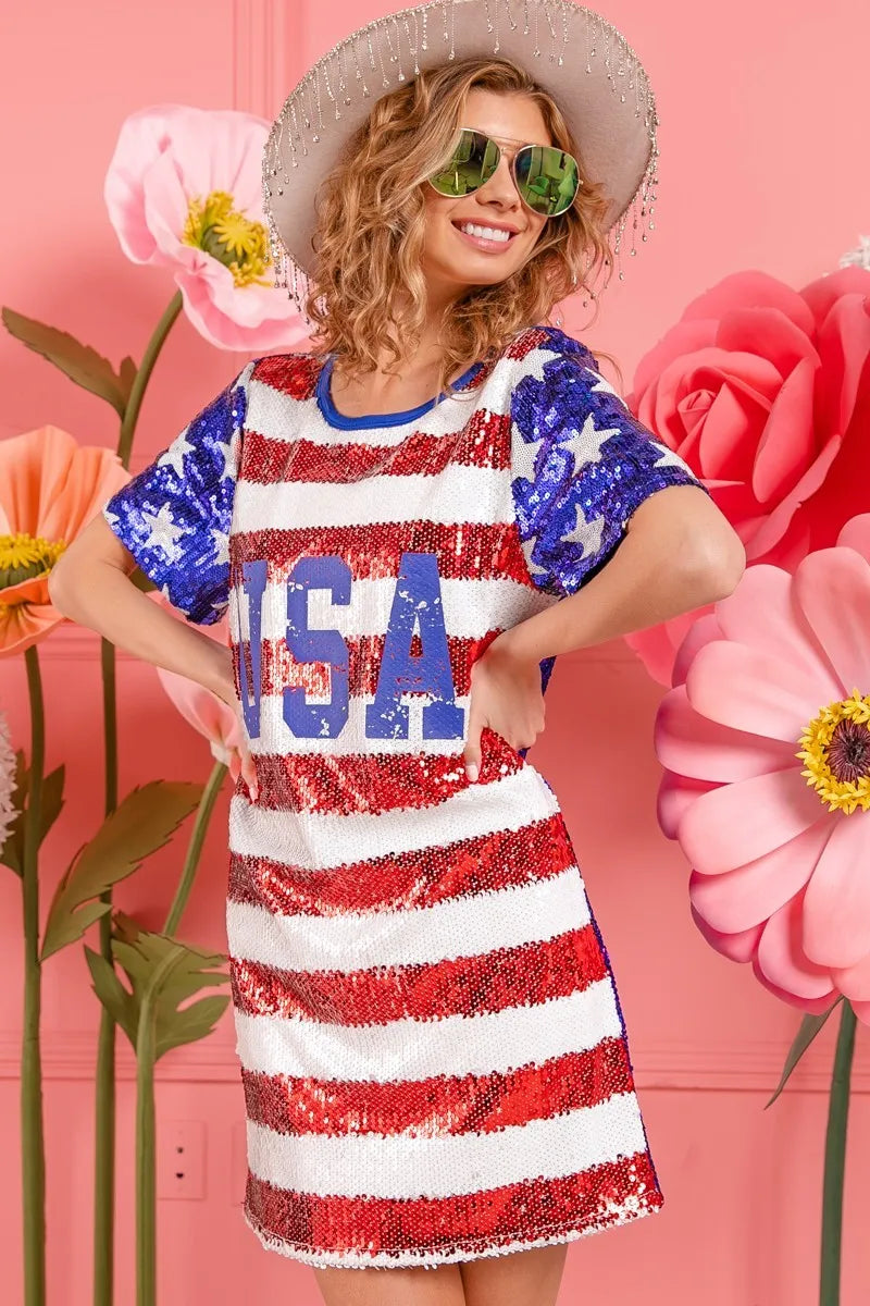 BiBi American Flag Theme Usa Print Sequin Dress 81393e380ece4d5597b26ed4dd329243-Max-Origin