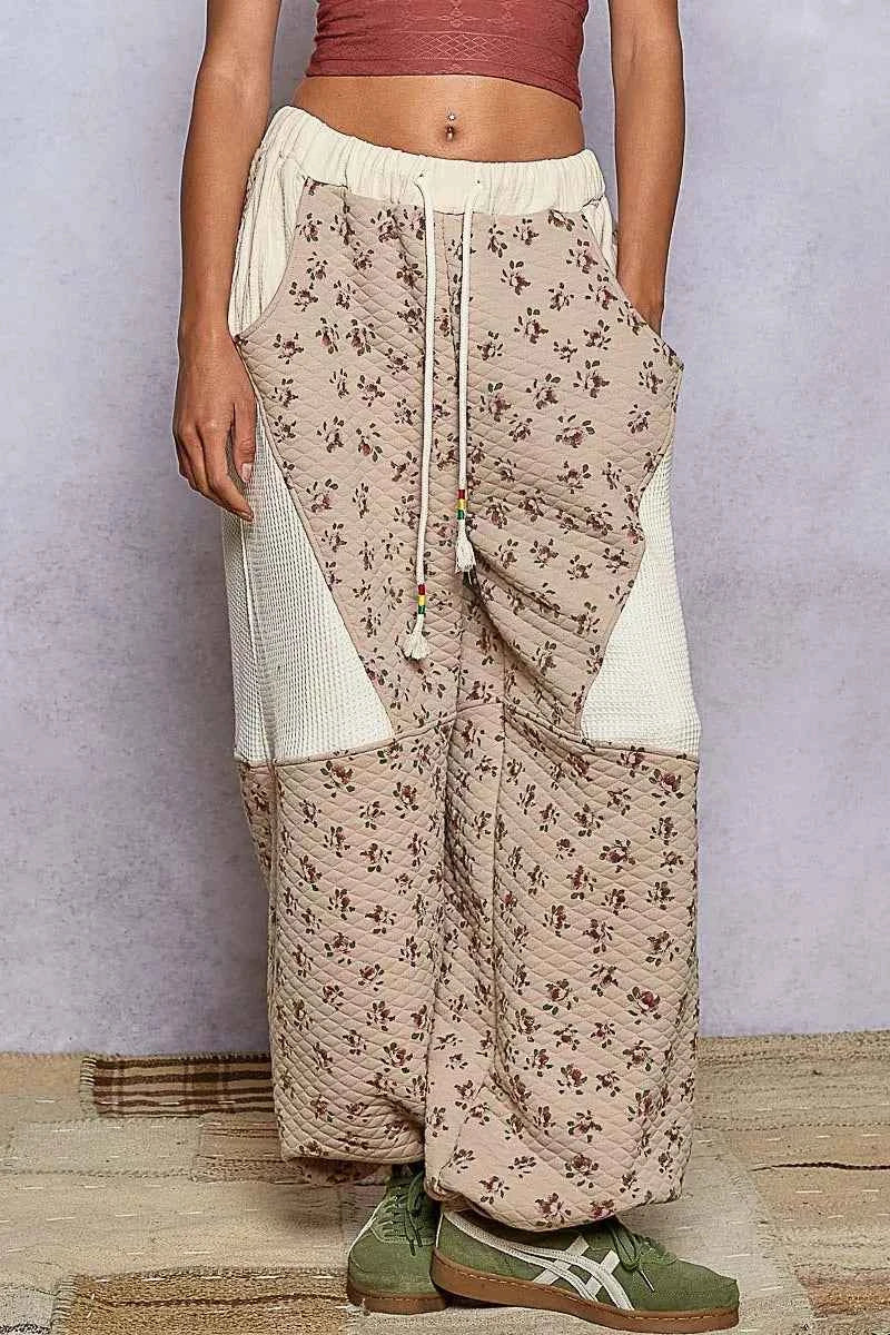 POL Drawstring Quilted Printed Knit Floral Pants with Double Gauze Patchwork TAN FLORAL 813c61ad-65e8-4857-b15a-5061bb473ed7-Max-Origin