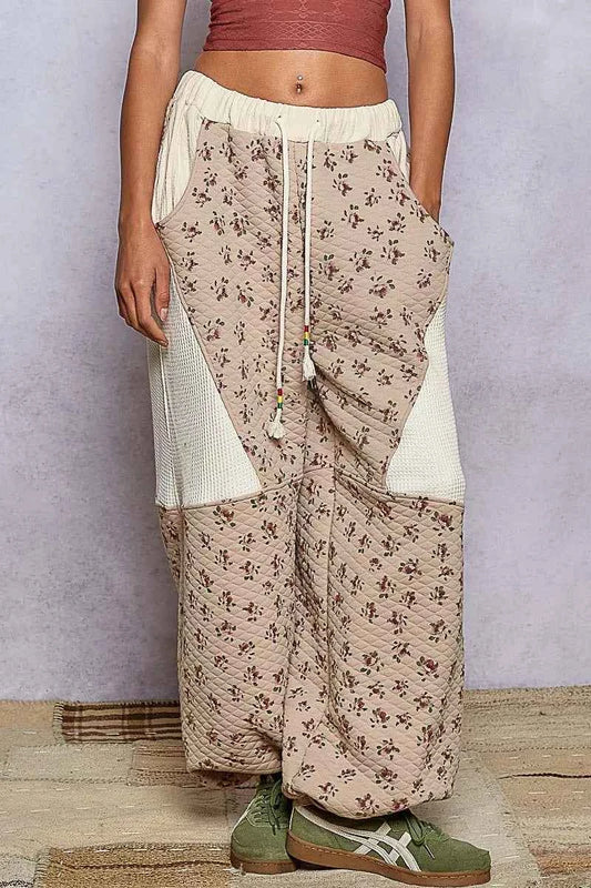 POL Drawstring Quilted Printed Knit Floral Pants with Double Gauze Patchwork TAN FLORAL 813c61ad-65e8-4857-b15a-5061bb473ed7-Max-Origin