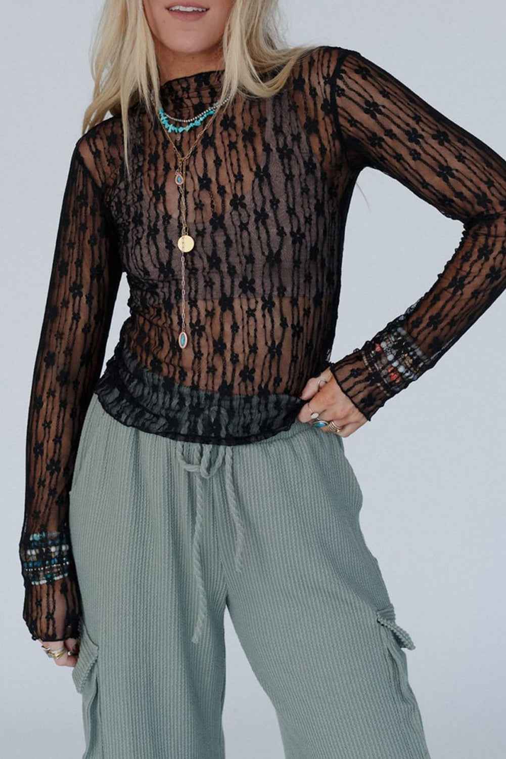 Black Sheer Floral Lace Long Sleeve Slim Fit Top 813db4a89a2f89a3