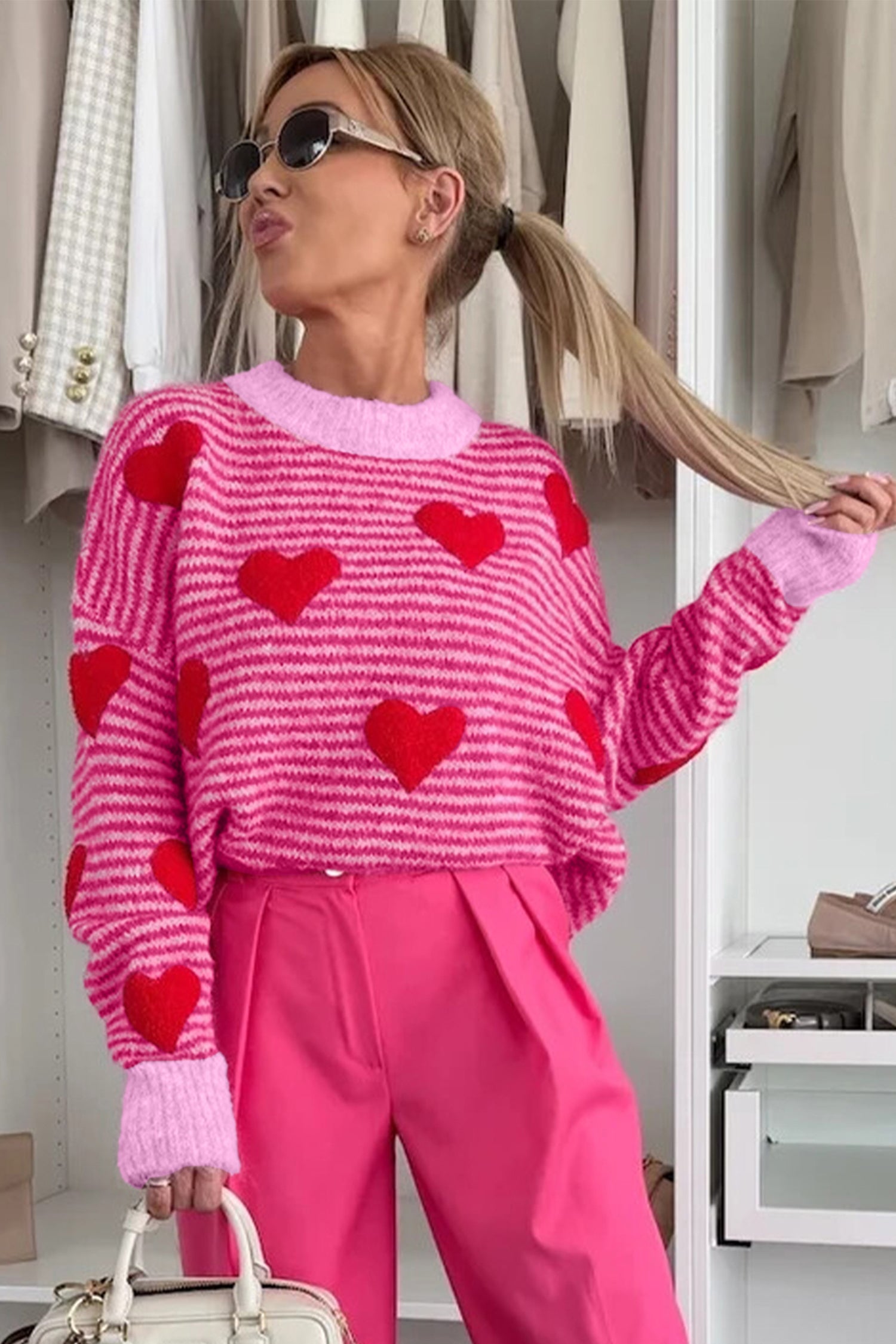 Rose Stripe Contrast Heart Pattern Valentine Knit Sweater 813ec4317b901554