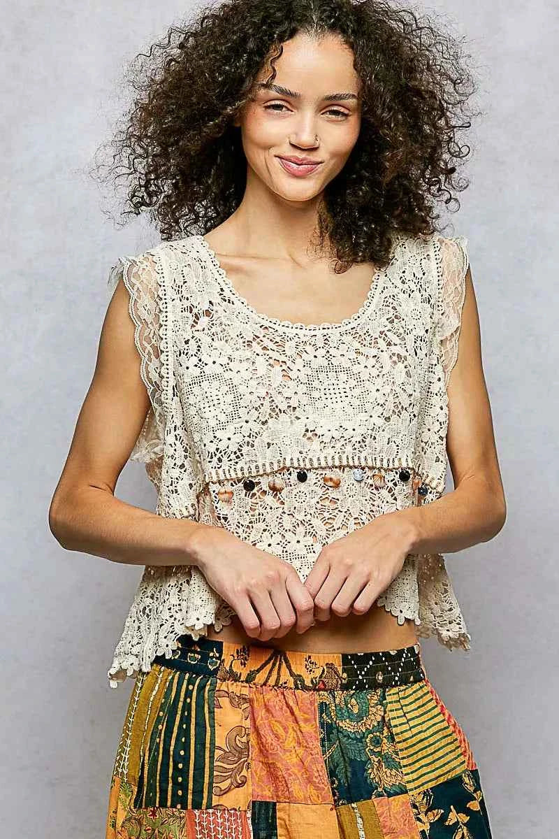 POL Lace Trim Openwork V-Neck Crochet Tank with Scalloped Edge 81416942-89af-4695-a527-88265565d357-Max-Origin