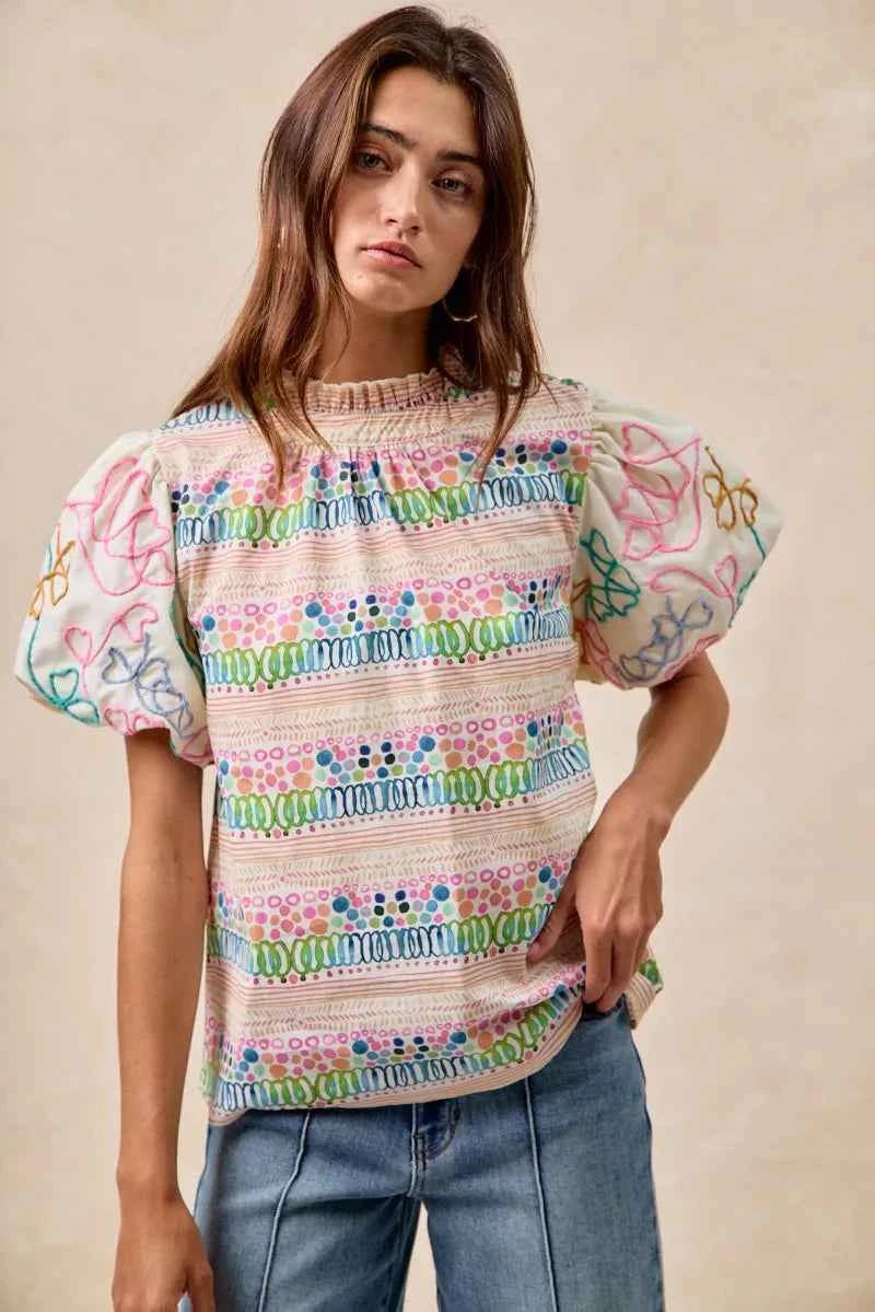 BiBi Ruffle Neckline Blouse With Embroidery Bubble Sleeve 8141cb41ef7240cf9f8f3b64a2bd25b8-Max-Origin