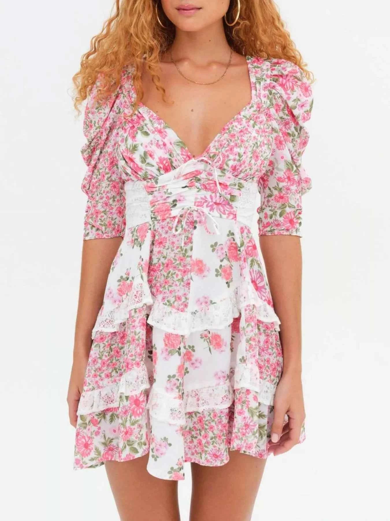 Ruffled Floral Print Half Sleeve Dress Pink 81435b18-8b15-413a-af07-317f721ecbec-Max-Origin