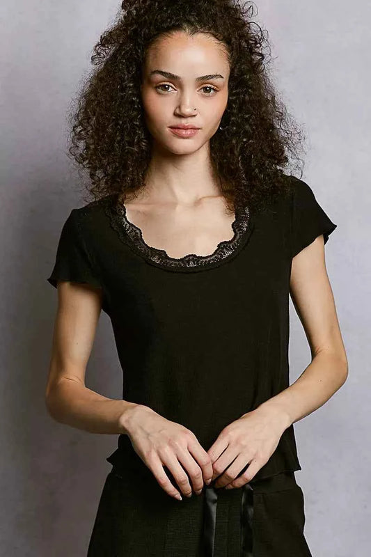 POL Round Neck Short Sleeve Crop T-Shirt with Lace Trim BLACK 8145a00e-9fae-43b0-a8e8-b11ee044efd8-Max-Origin