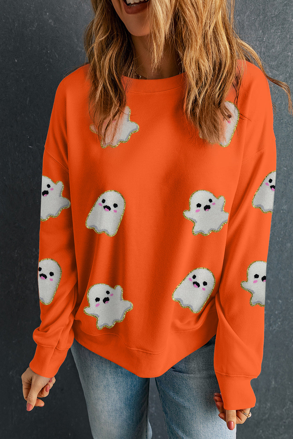 Orange Halloween Ghost Cute Patch Application Pattern Holiday Sweatshirt Orange 50%Polyester+50%Cotton 814bf47220155ccf