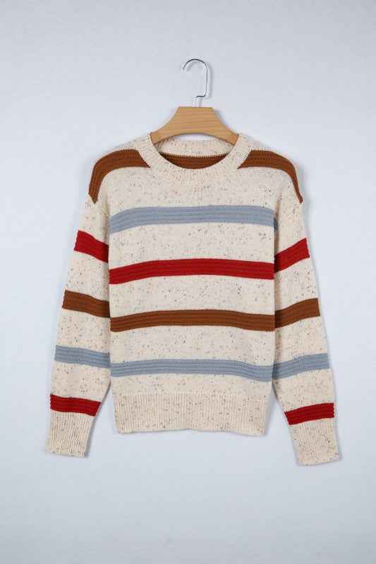 Vivienne Shoulder Heathered Knit Sweater Beige Stripe 8152e1ba-431a-43aa-a209-d646a50e968b