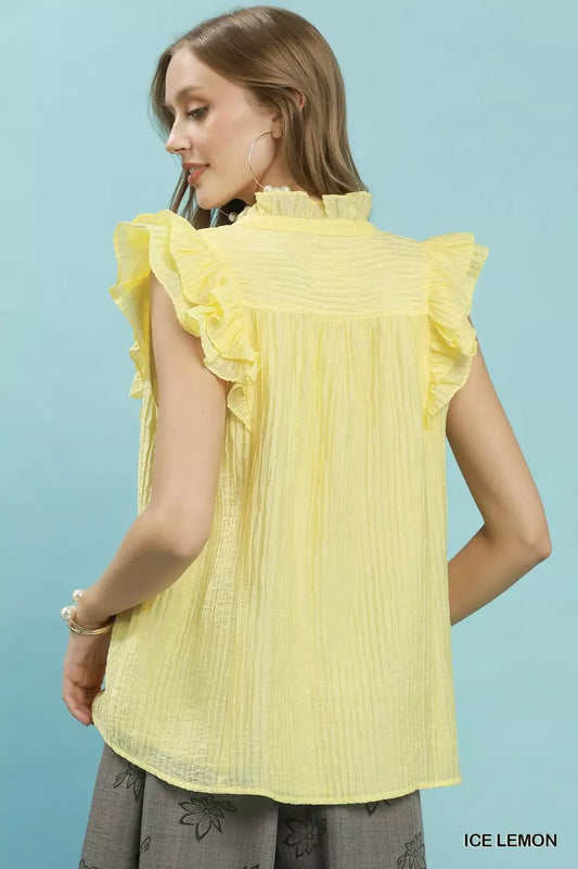 Textured Ruffle Sleeve Split V Neck Top 8153cfb2-dcf2-4f42-a0ca-dbe71d30075f-Max-Origin
