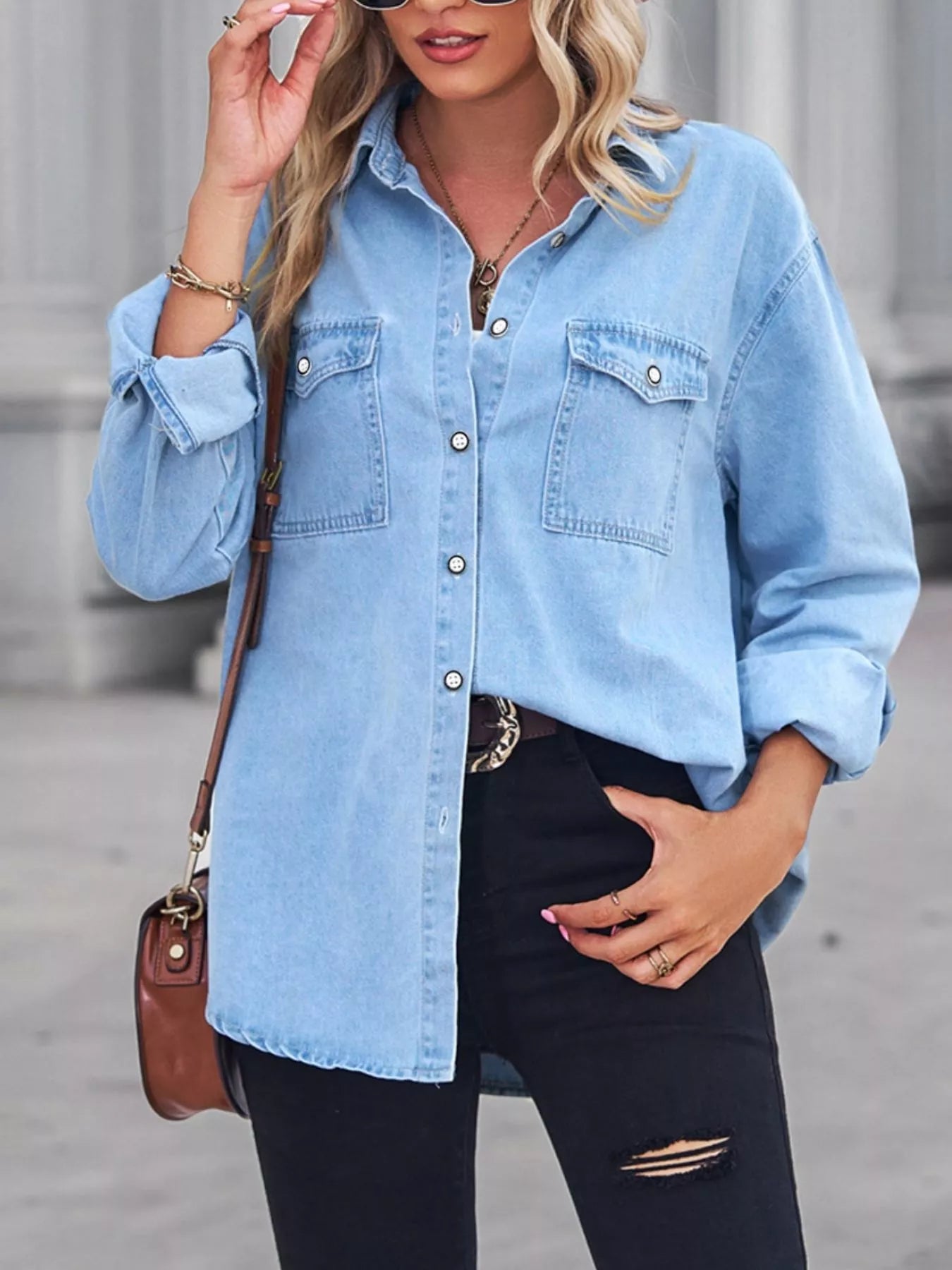 Button Down Washed Denim Shirt with Chest Pockets 8156e3a8-e266-4053-91b8-fe1236b03e7d-Max-Origin