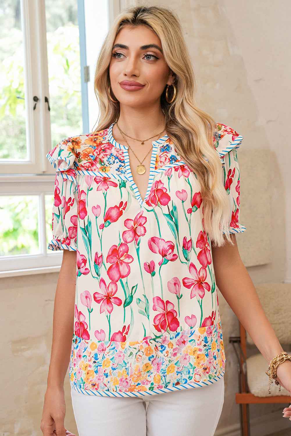 Pink Floral Print Striped Detail Split Neck Short Sleeve Blouse 81696210b4ebf9b2