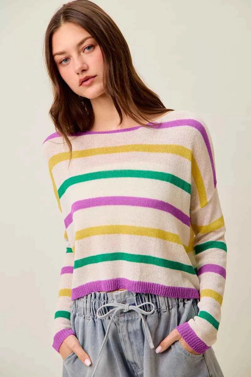 SO ME Mardi Gras Color Stripe Lightweight Sweater Top 816a2092ff1c4209a78855a48fd7ad89-Max-Origin