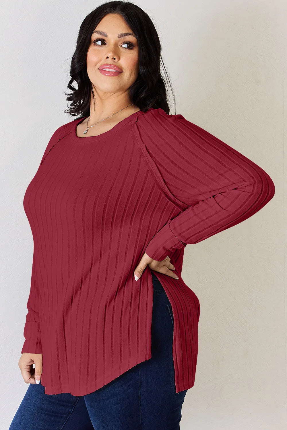 Basic Bae Full Size Ribbed Round Neck Slit T-Shirt 816b4b97-0c7c-4622-8514-00f28cde3d45-Max