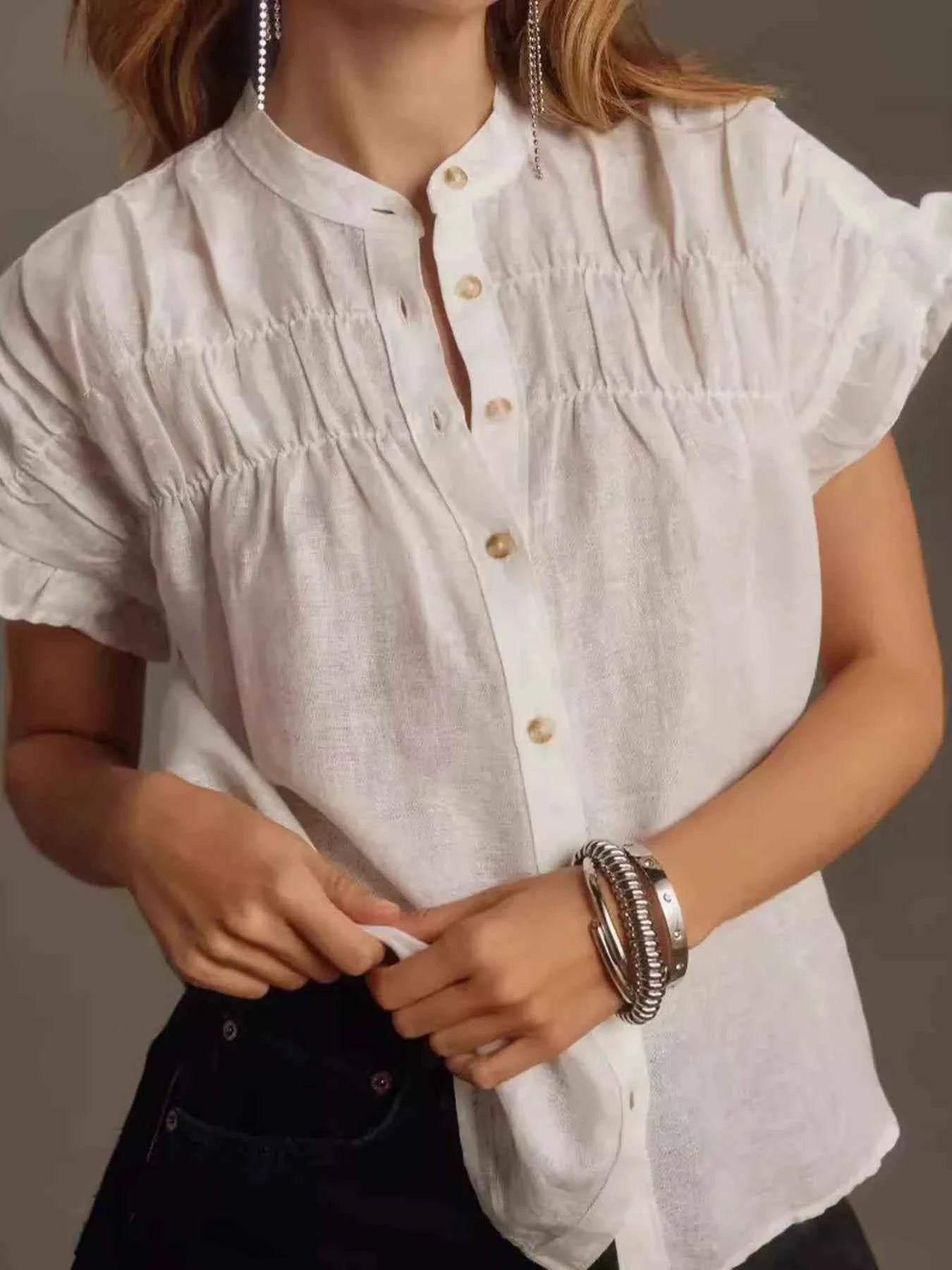 Ruffled Short Sleeve Button Up Shirt 816e205880ab44b99e6cba98d1ba2ef4-Max-Origin