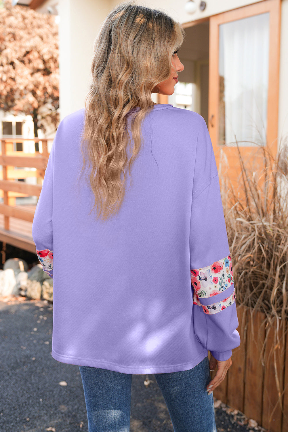 Wisteria Flower Applique Patchwork Drop Sleeve Pullover Sweatshirt 816e677c17e9d09f
