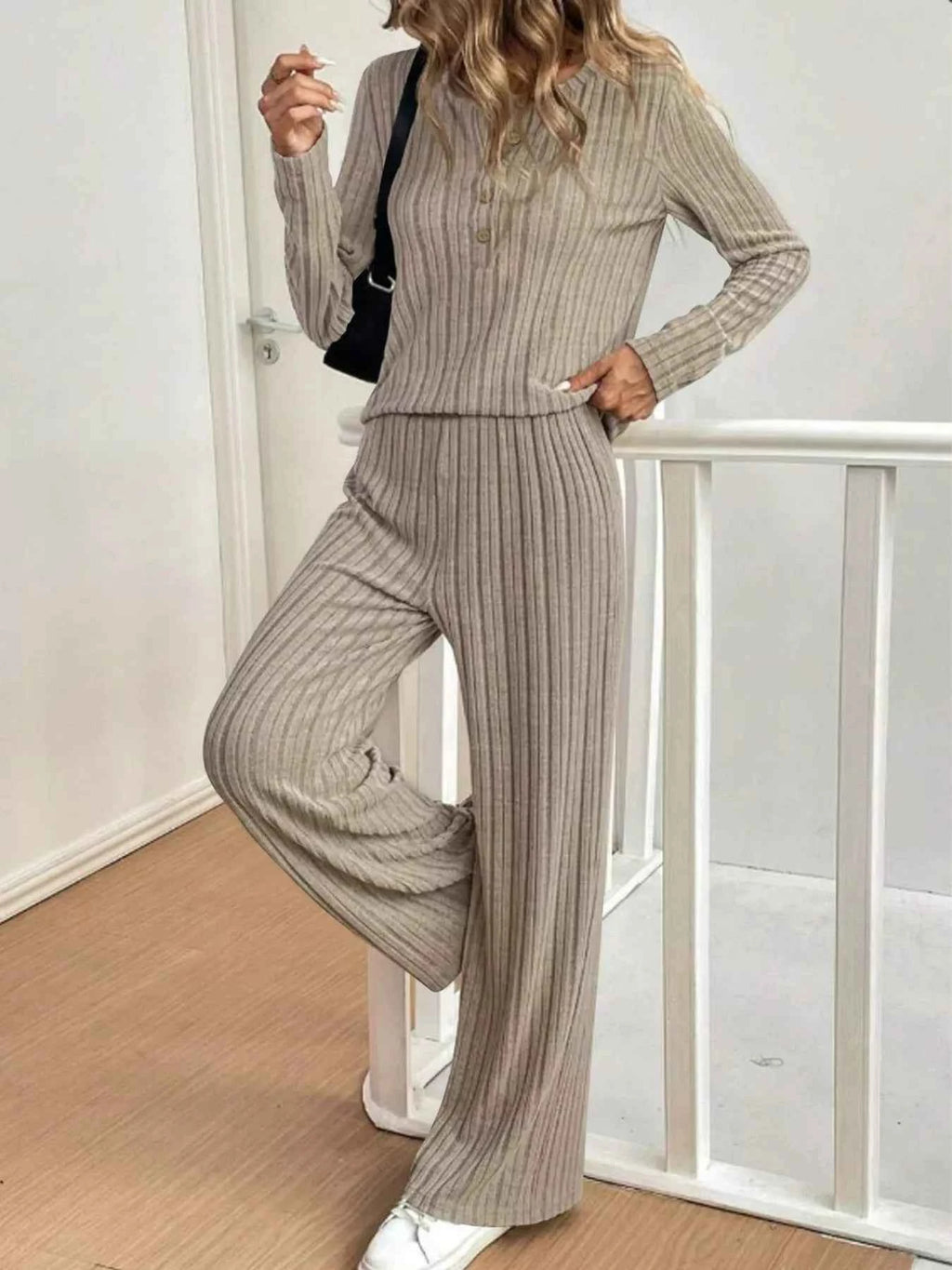 Plus Size Ribbed Knit Button-Front Top and Pants Set 8170492b109143ae9be20f2c6bbf8464-Max-Origin