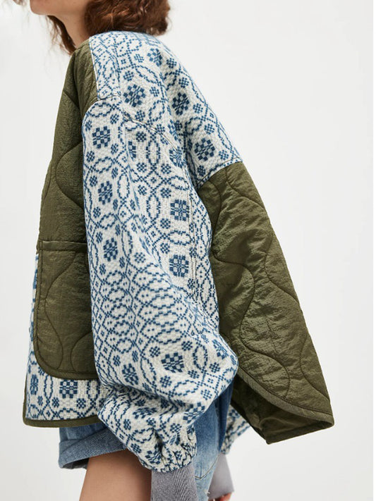 New Women's Warm Quilted Printed Patchwork Button Lightweight Cotton Coat, Slim Fit, Suitable For Autumn And Winter. 817083ef-34d1-48b6-b06d-6dbb8eb391f3