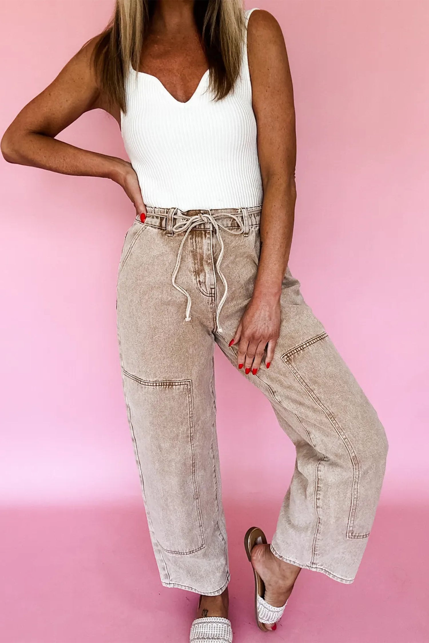 Smoke Gray Acid Wash Barrel Fit Denim Pants with Waist String 817299a1b5855f19