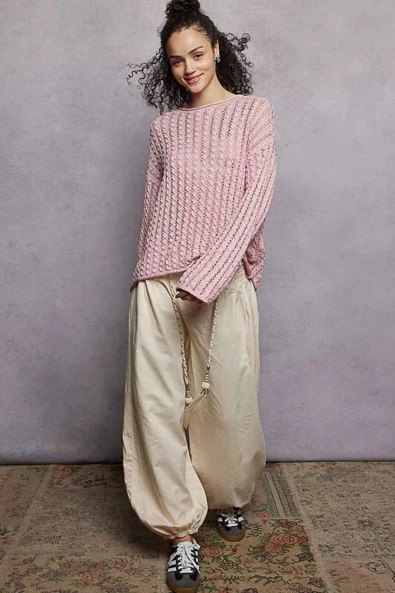 POL Openwork Round Neck Knit Top with Shiny Detail 8172e004-1d32-49df-bf0d-7de1d22ad1d0-Max-Origin