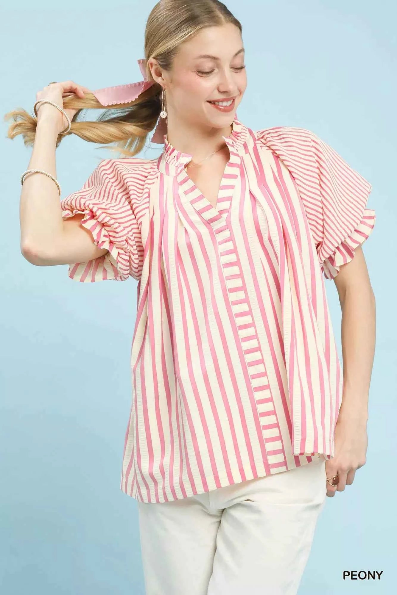 Umgee Striped Notched Top with Short Flutter Sleeves PEONY 817a2365-d3f1-4c0f-8705-fa50eb554d16-Max-Origin