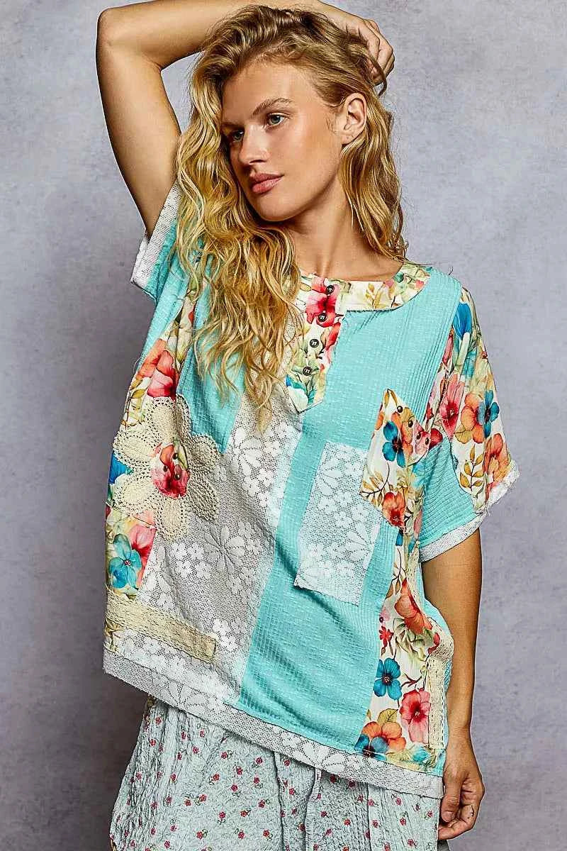 Lace Round Neck Short Sleeve Floral Pattern Top with Patch Detail 817a9e08-a3d5-4221-8974-3bd2baa38f1d-Max-Origin