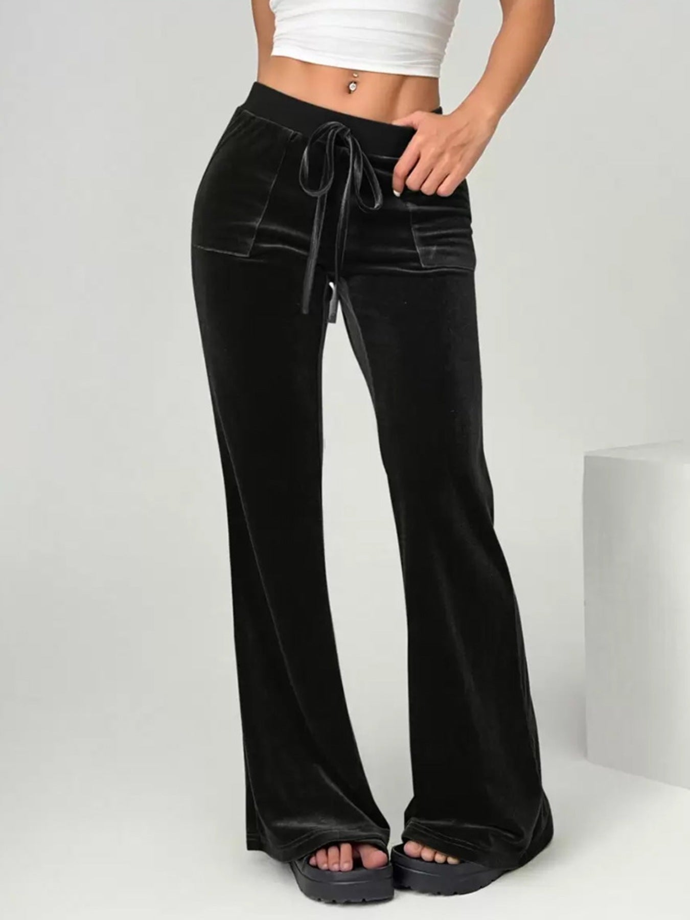 Velvet Flare Pants with Drawstring Black 817b405d-4276-49b6-b7d8-221bfcc48cff-Max