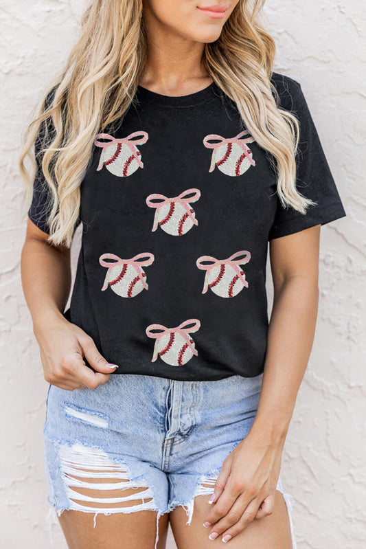 Black Shimmering Sequin Bow Ball Patterned Game Day Casual Tee 817b5fd96d6c2693