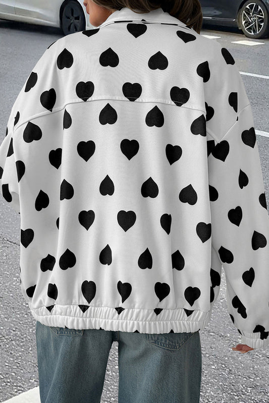White Zipper Heart Print Collared Jacket 817bed4485515333