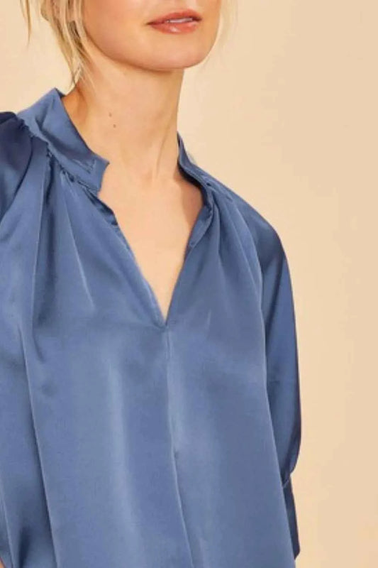 Annie Wear Satin V Neck Open Short Sleeve Woven Blouse Top 818105b8-c40b-4737-8d1c-e8a7cd39eec2-Max-Origin