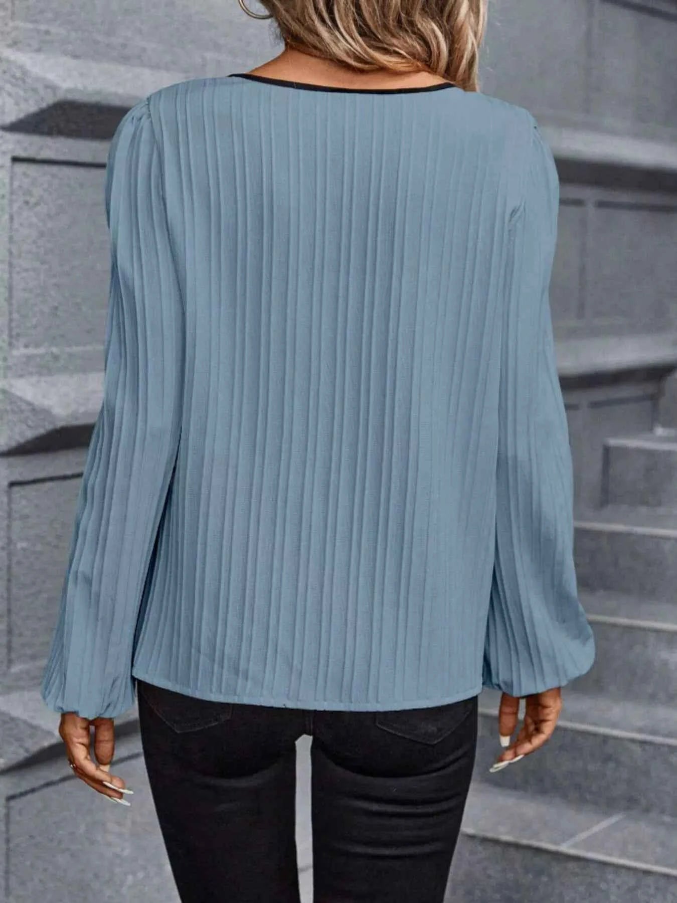 Textured Notched Long Sleeve Blouse 8181a0f594414b5799ee570cc2e42b71-Max-Origin