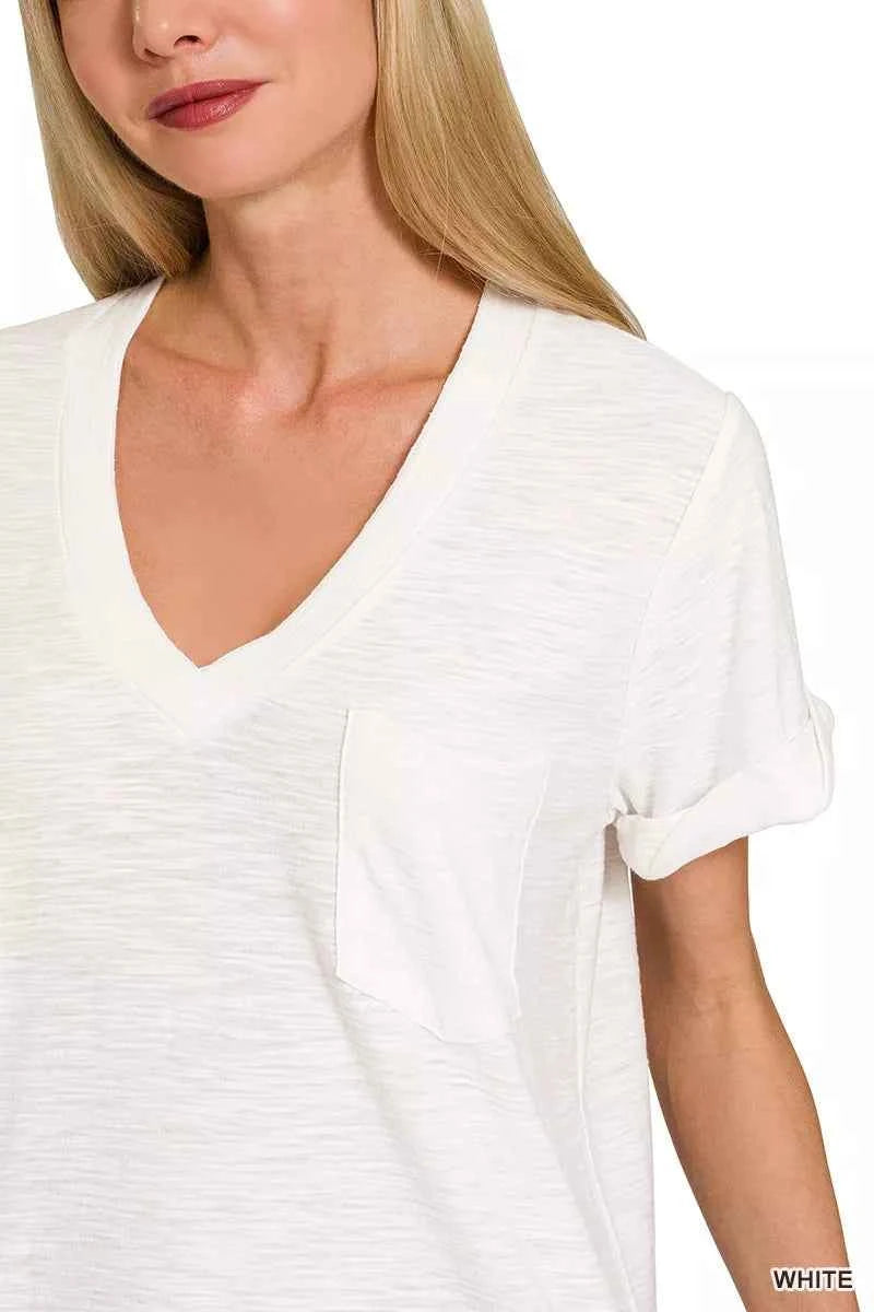 Zenana Slub Rolled Short Sleeve V-Neck Tee 81842b45860346e88d138a9dc2a11aba-Max-Origin