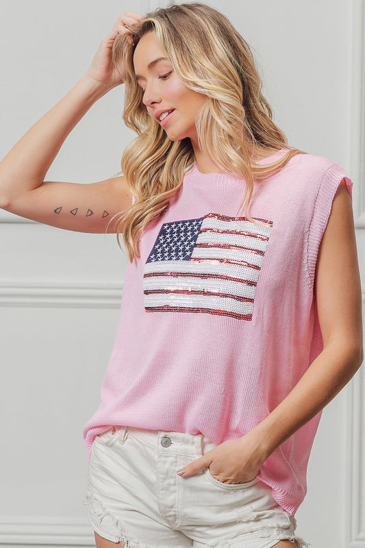 American Flag Sequins Patch Knit Top 81899649d1ae41b288ff6ea6d6207f0a-Max