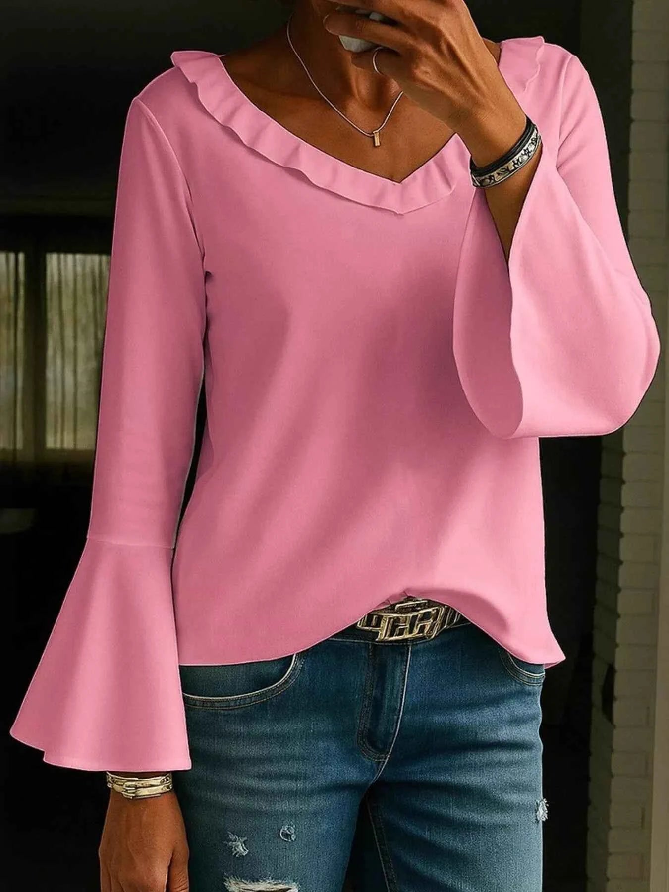 Full Size Ruffled V-Neck Long Sleeve Blouse Plus Size Pink 818a3f25-f2c6-423c-a3d4-0944b06adfbc-Max-Origin
