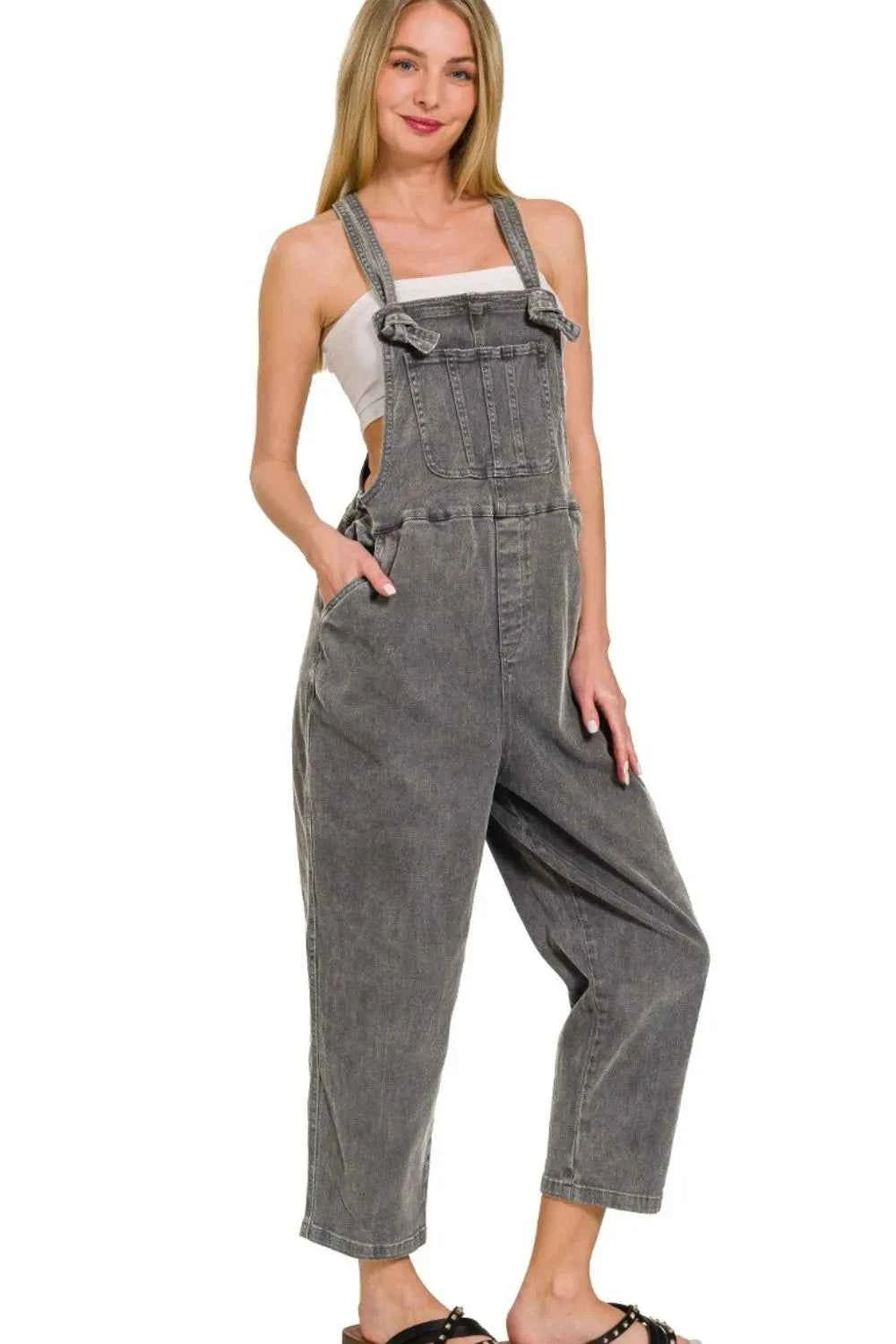 Zenana Washed Knot Strap Relaxed Fit Overalls ASH BLACK 819582d5-216b-4ae4-b8eb-d71db61b3069-Max-Origin