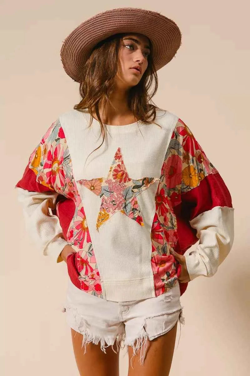 BiBi Floral Print Mixed Star Patch Round Neck Sweatshirt 81962906aedd490b929439511c549828-Max-Origin