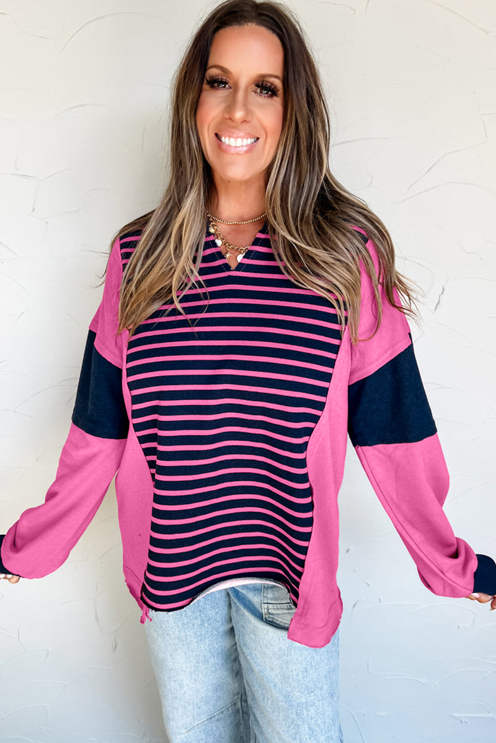 Pink Stripe Color Block V Neck Loose Fit Long Sleeve Top 81991e6de2fc0b79