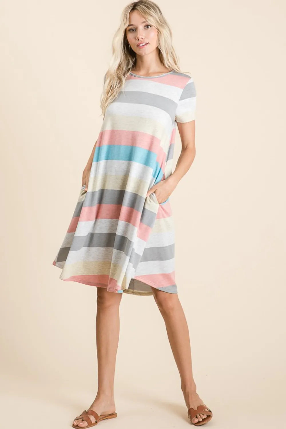 BOMBOM Striped Short Sleeve Dress with Pockets 819ba9a3-a9f2-4afa-9004-522f2bf046d3-Max