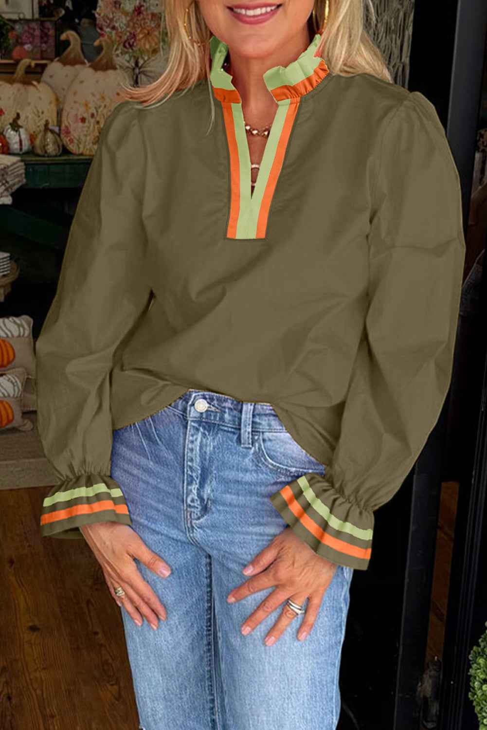 Black Striped Trim Ruffle Split Neck Long Sleeve Blouse Four Leaf Clover 65%Polyester+35%Cotton 81ad4b65a7040639