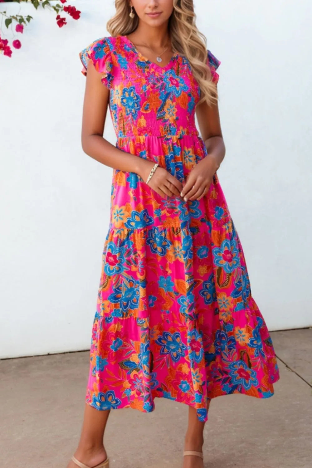 Boho Floral V Neck Ruffle Tiered Dress Hot Pink 81b2a83a-87e5-4ba5-9296-c8838352e18d-Max-Origin