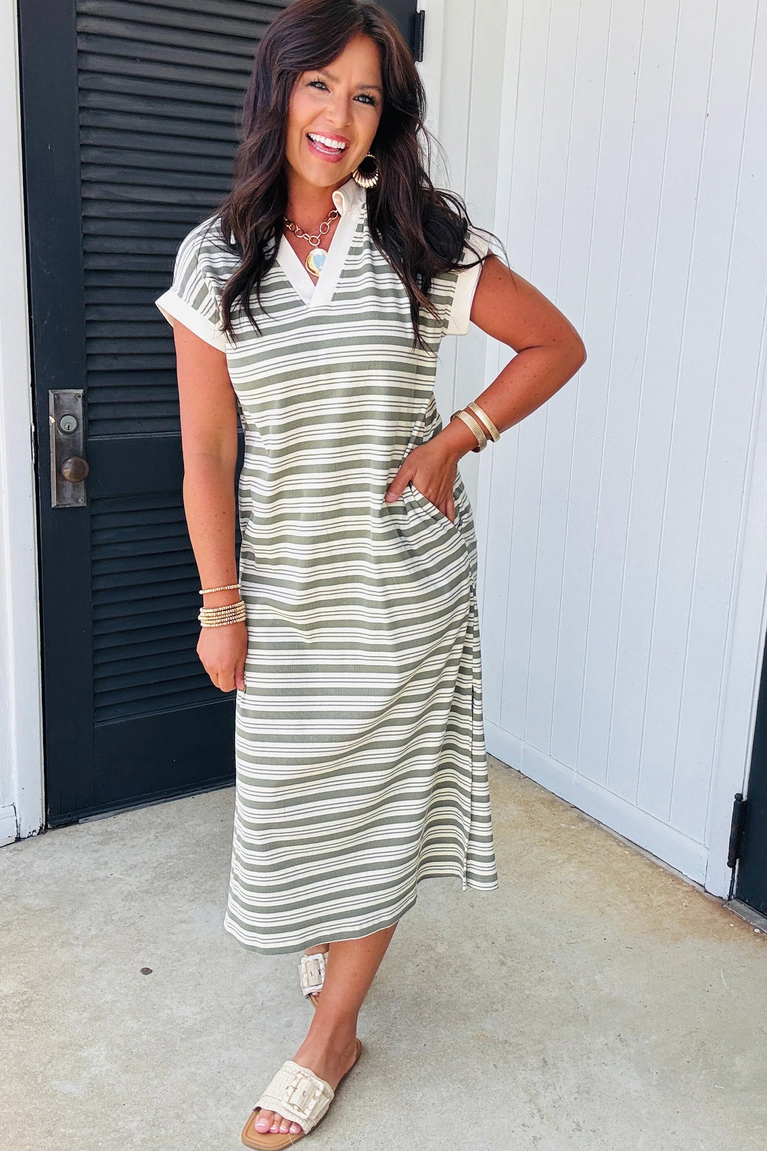 Green Stripe Collared V Neck Short Sleeve T Shirt Midi Dress with Pockets 81b6793eb7092314