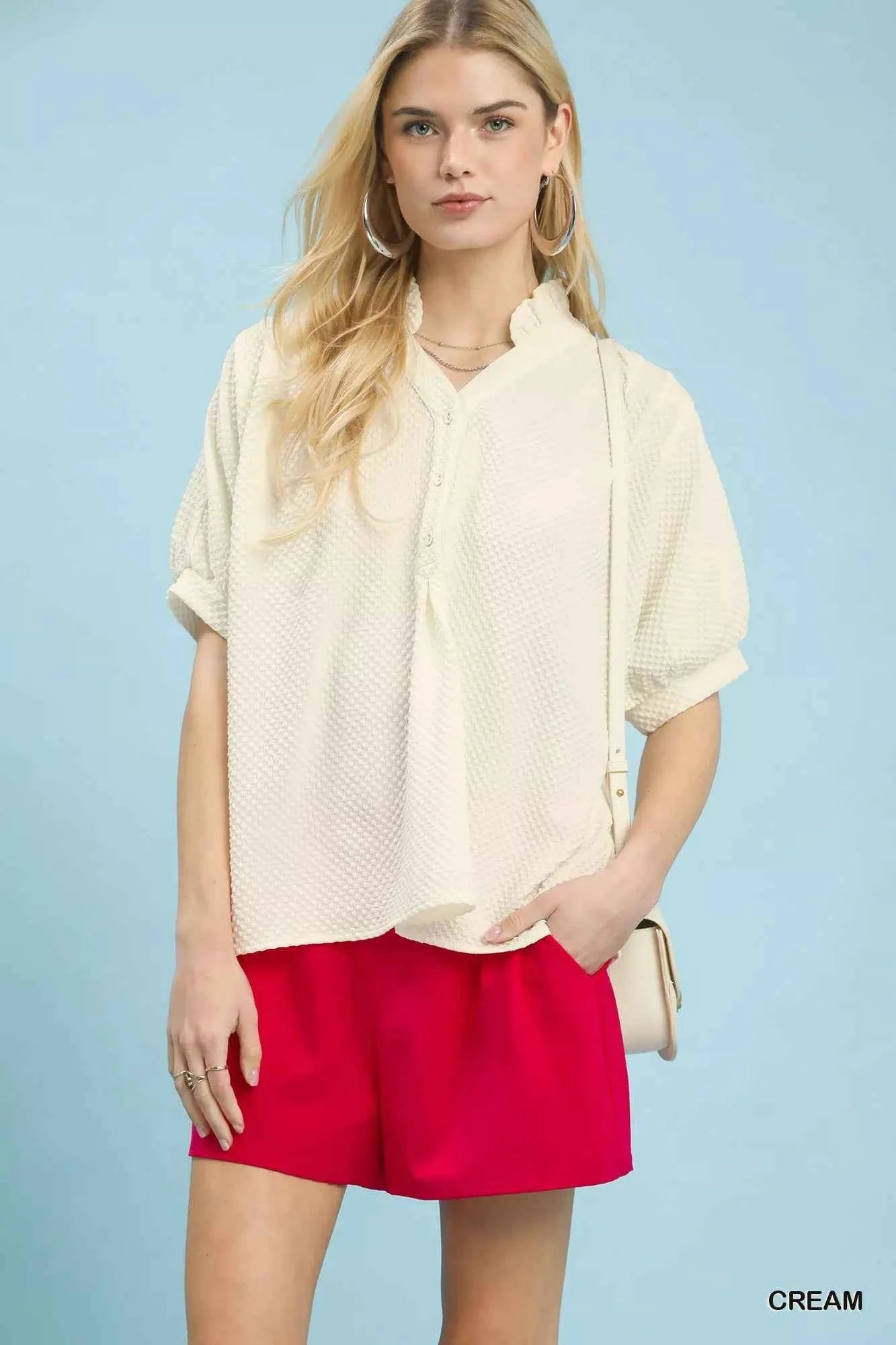 Umgee Textured Jacquard Short Sleeve Top CREAM 81ba2457-499d-48e9-ab06-371537d89a60-Max-Origin
