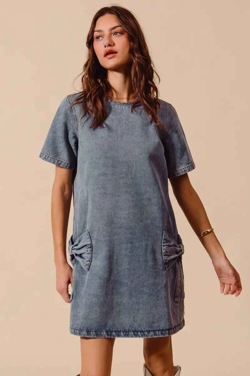SO ME Bow Ribbon Knot Applique Denim Mini Dress DENIM 81bdb22149464ff5b7d1e3dc89cca812-Max-Origin