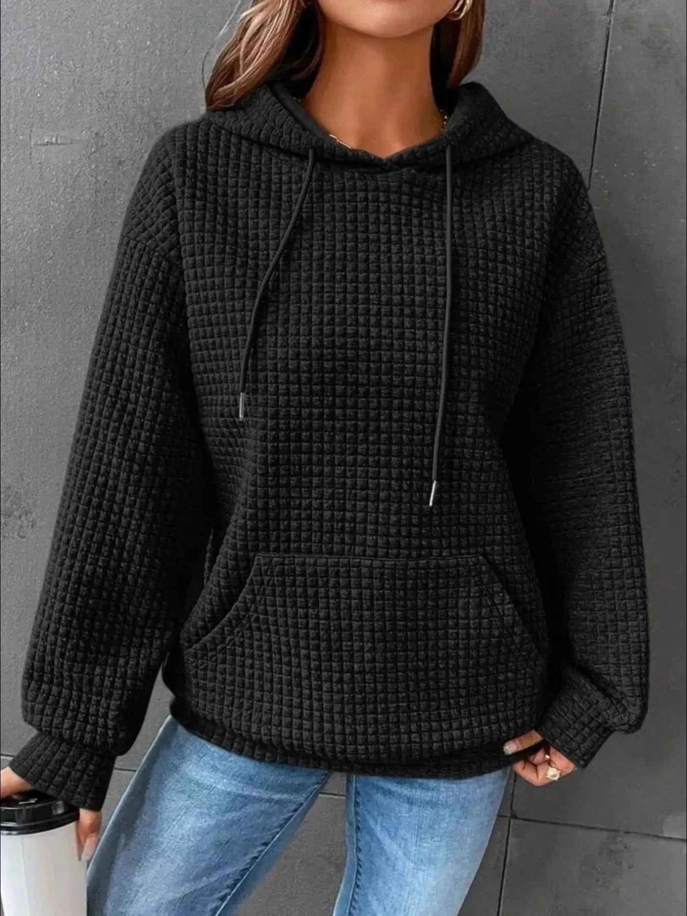 Waffle Knit Hoodie with Drawstring Details 81bfcf61-6f40-458f-97bc-75c1e8582529-Max-Origin