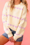 Pink Heart Pattern Ribbed Round Neck Knit Sweater Pink 65%Acrylic+35%Polyamide 81c19b659fbf1596
