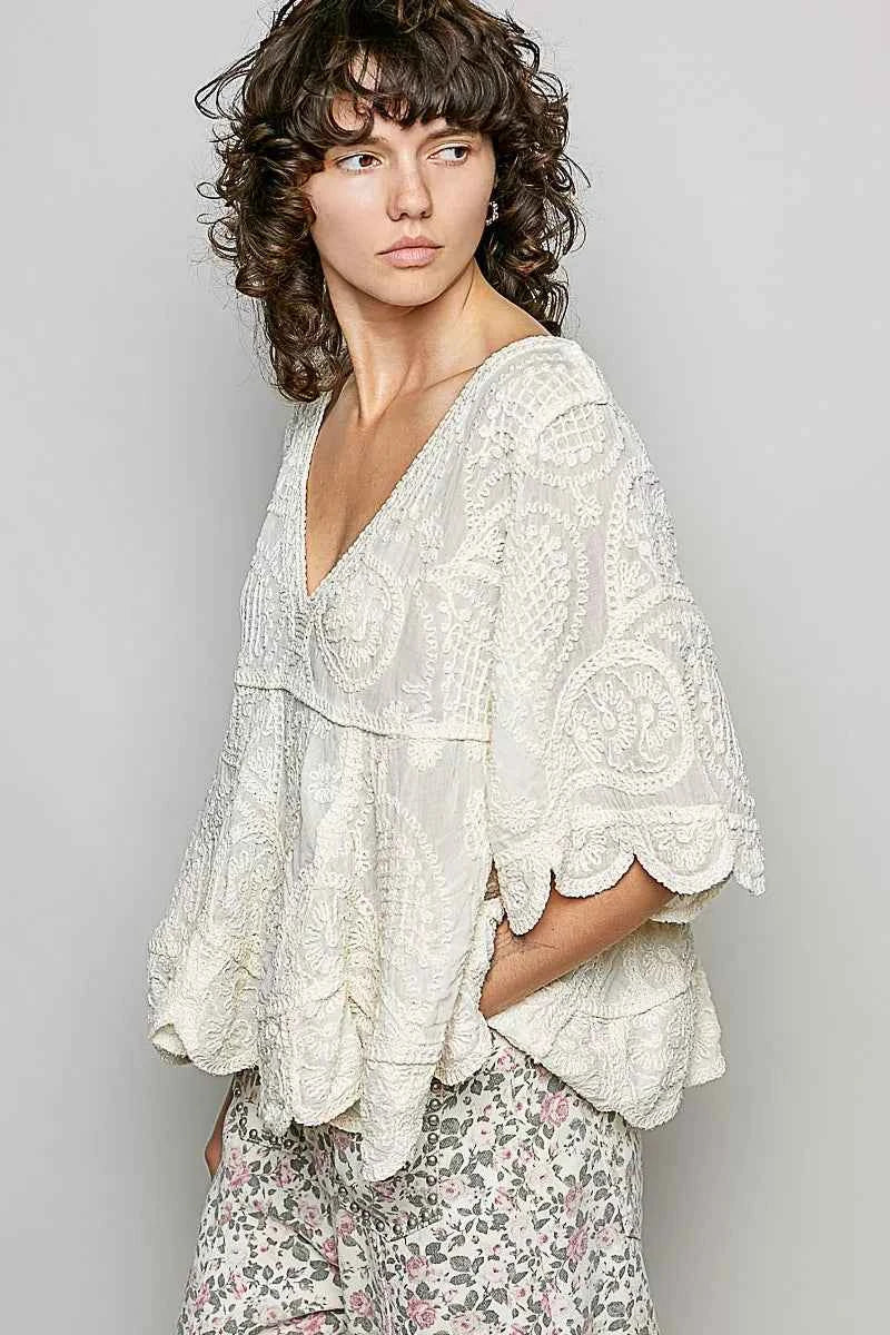 POL V-Neck Crochet Blouse with Scalloped Hem 81c1c770-db49-46e7-bb7e-25af50848200-Max-Origin