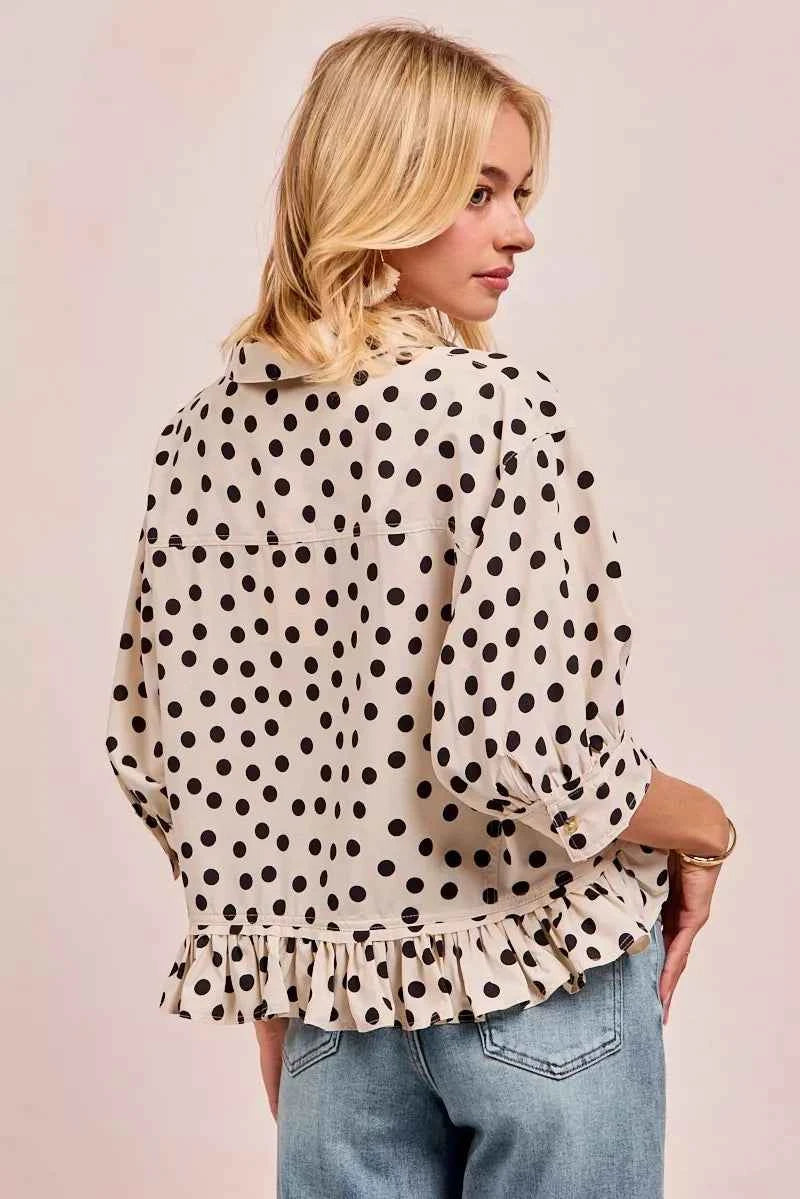 Polka Dot Printed Peplum Top with Front Button 81c972b54ad040fc88c3caca42302443-Max-Origin