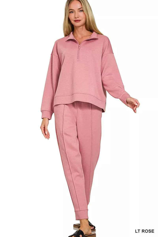Zenana Scuba Half Zip Pullover and Jogger Set LT ROSE 81cc88ad5f9243d09c622ed11e749df4-Max-Origin
