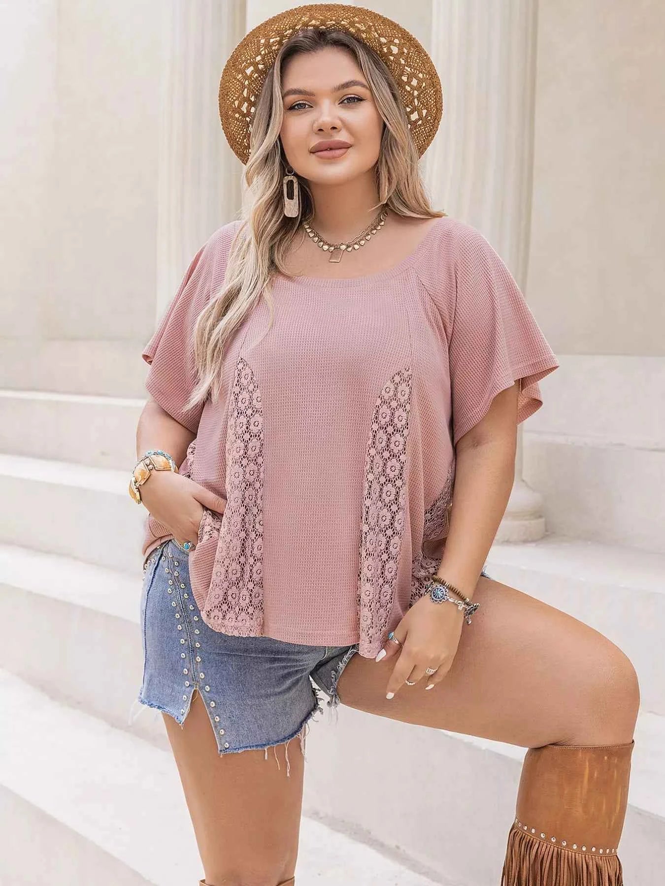 Plus Size Lace Detail Round Neck Short Sleeve T-Shirt 81cc9fa8-457c-4ccf-ac9a-0df703784ea0-Max-Origin