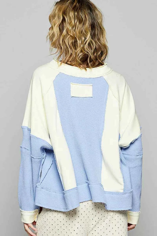 Color Block Waffle Knit Raw Hem Sweatshirt 81d0c6cc-bb32-4faa-b3b6-78392c5d5ab6-Max-Origin
